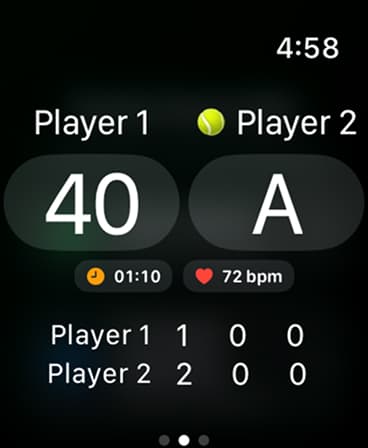 Tennis Score Mini live match score with workout data on Apple Watch.