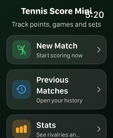 Tennis Score Mini main menu on Apple Watch.