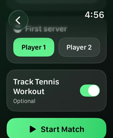 Tennis Score Mini new match setup with player selection and workout tracking.