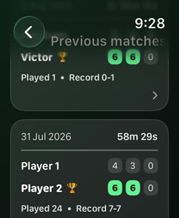 Tennis Score Mini previous matches screen with a completed match result.