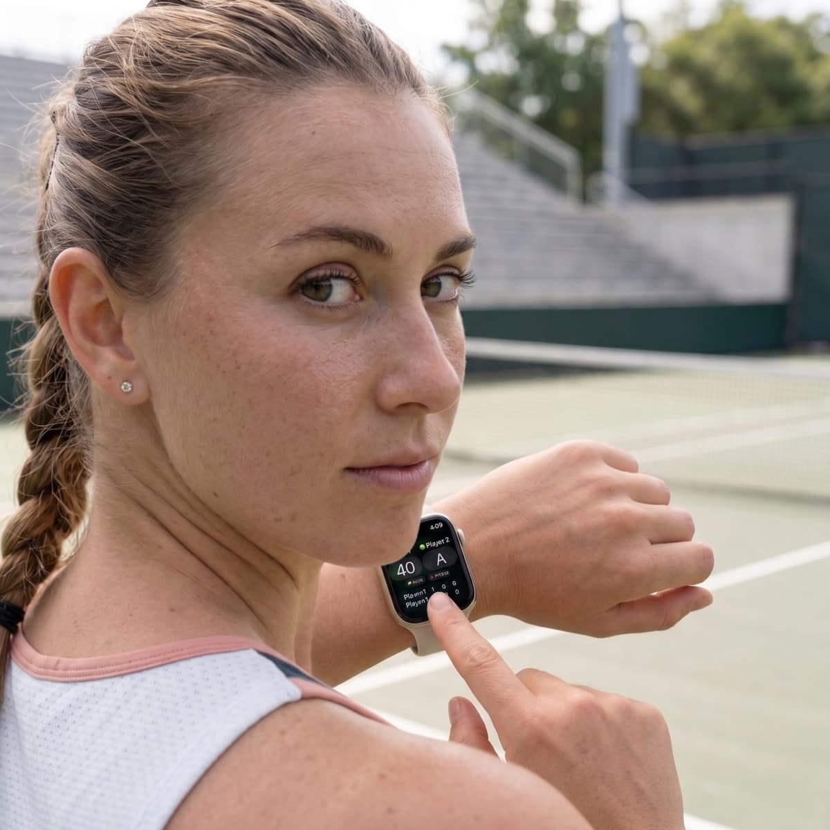 Tennis player using Tennis Score Mini to record the score on an Apple Watch during a match.