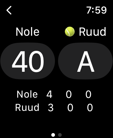 Screenshot of Tennis Score Mini app on advantage score stage