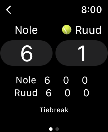 Screenshot of Tennis Score Mini app on tiebreak score stage
