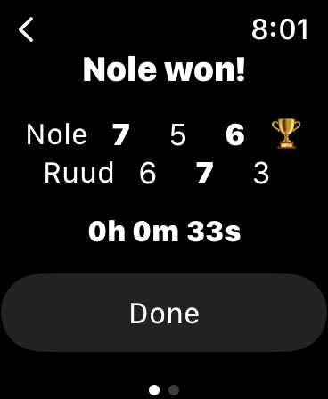 Screenshot of Tennis Score Mini app on winner display